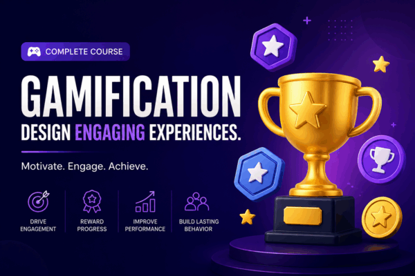 Gamification course thumbnail with a golden trophy, badges, and star icons on a dark blue and purple gradient background.